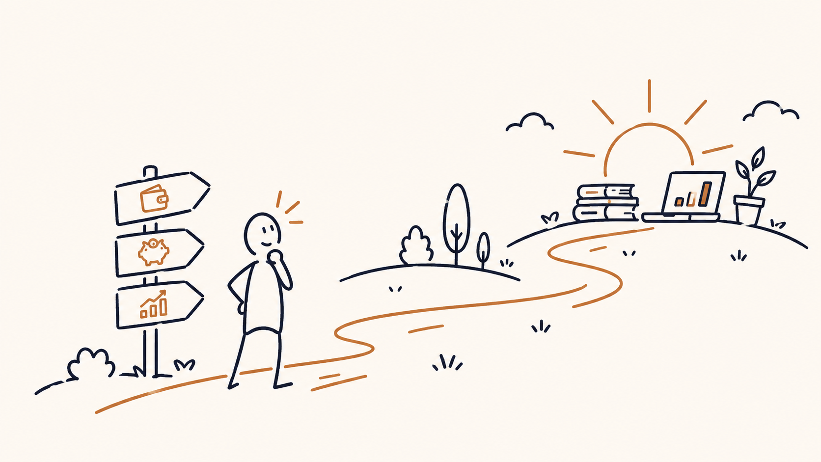 Illustration dessinée d'un chemin qui mène vers des livres et un graphique, symbolisant l'apprentissage et la compréhension des finances.